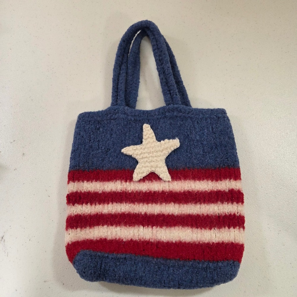 Handmade Pat Barringer Felted Wool Americana Star Stripes Tote Bag Blue Red